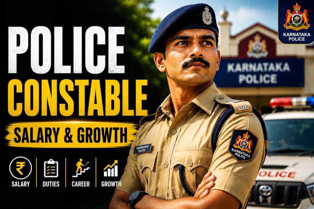 Karnataka Police Constable job profile 2026 showing police officer with information about salary, duties, promotion path and career growth.